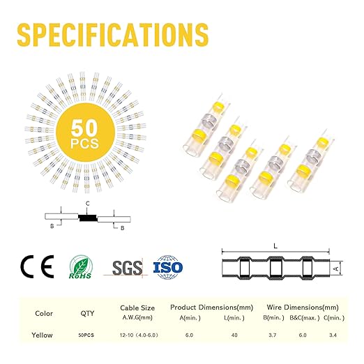 Kuject 50PCS Solder Seal Wire Connectors AWG 12-10, Yellow Solder Seal Heat Shrink Butt Connectors Terminals Solder Sleeve Waterproof Wire Splice Connector for Marine Boat Wire Joint
