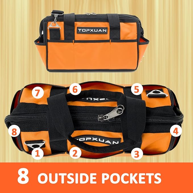 Tool Bag16 Inch Heavy Duty Waterproof Orange Tool Organizer with Wide Mouth and Shoulder Strap for Power and Small Hand Tools Oxford Cloth Fabric (18 Pockets)