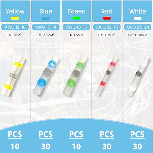 110 Pieces, 5 Sizes, Heat Shrink Wire Connectors Kit, Self Shrink Solderless Marine/Automotive Butt, Waterproof Electrical Connectors with 5 Size Color-Coded (AWG 10-26), Perfect for Wire Splicing