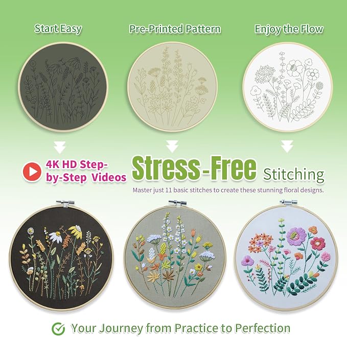 ETSPIL Embroidery Kit for Beginners, 11 Stitches, 4K Video | Pre-Printed Fabric - Image 6
