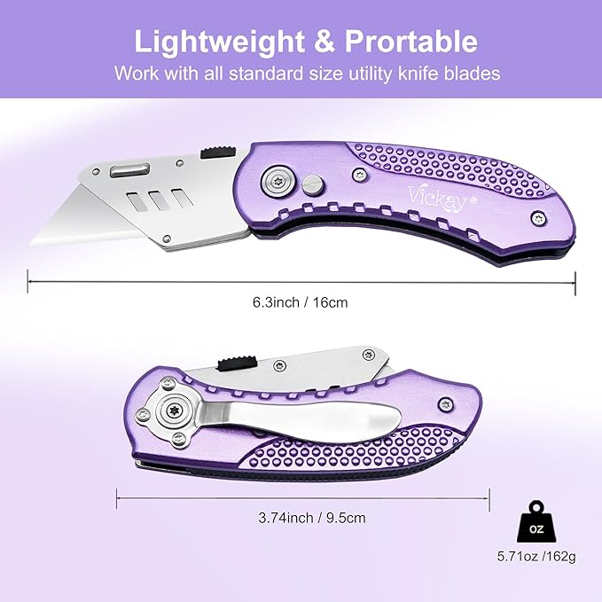 Vickay Folding Utility Knife, Box Cutter with 5 SK5 Quick Change Blades, Safety Axis Lock Design Razor Knife, Lightweight Aluminum Handle Belt Clip for Office Home Artcraft （Light Purple)