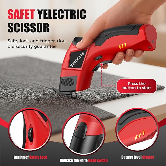 Electric Scissors for Cardboard Cutting, 2000mAh cell 12000RPM High-Power Box Cutter with Dual Blades & Safety Lock Suitable for fabrics, cardboard, plastics, leather, carpets, Cable Cutter
