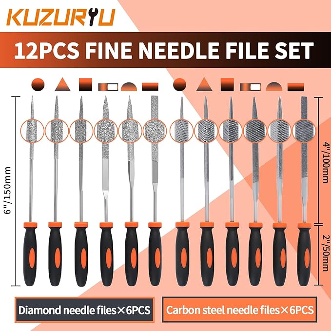 KUZURYU 31PCS Metal File Set - 4 Metal Files for Steel and 12 Needle Files with Steel Brush, Tool Bag, Riffler File, 12 Sandpaper and Gloves, Suitable for Metal and Wood Processing