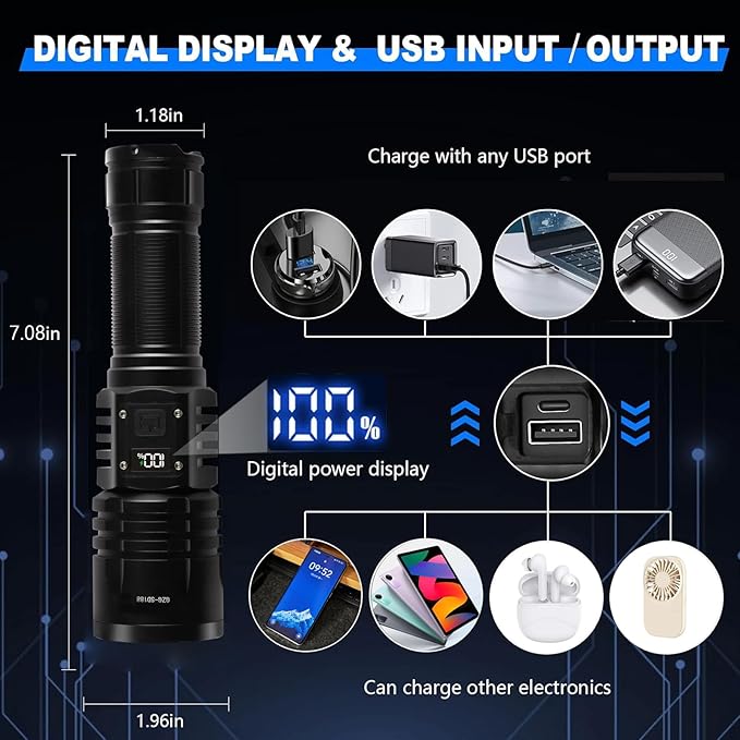 Rechargeable LED Flashlights 10000.00 High Lumens,𝟐𝟎𝟐𝟓 𝐍𝐞𝐰 High Powered Waterproof Tactical Flashlight Spotlight Flashlight for Home, Bright Flashlight Black for Outdoor Camping Emergency