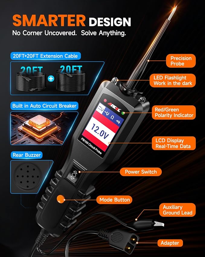 ANCEL PB100 Automotive Power Circuit Probe Tester, 12 24V Electrical Short/Open Breaker Finder, AC DC Diode Resistance Relay Tester, Continuity Test Digital Multimeter/Ohmmeters, 20 + 20FT Cable