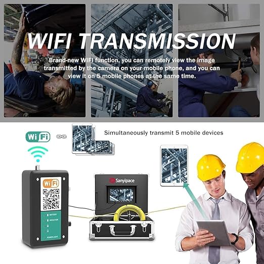 Sanyipace Sewer Camera 165FT/50M with WiFi Wireless Transmission, Drain Camera with Lights, Pipe Sewer Scope Inspection Camera with IP68 Waterproof Camera Probe, 7" Color Screen, Camera Guide Wheel