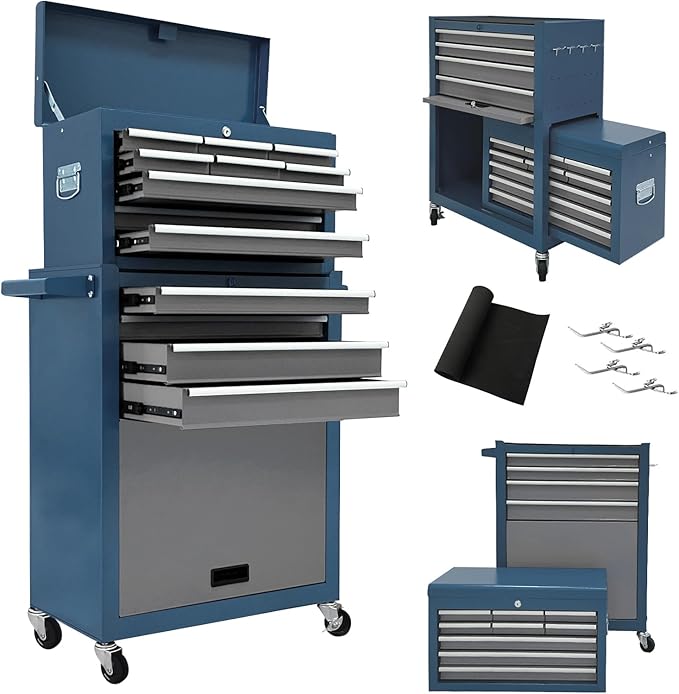 13 Drawer Rolling Tool Chest with Wheels, 2 in 1 Detachable Tool Chest with Drawers, Large Tool Box with Lock, Metal Tool Cabinet for Garage Workshop(Blue-Gray)