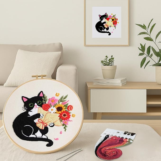 Nuberlic Black Cat Flowers Embroidery Kits - Image 2