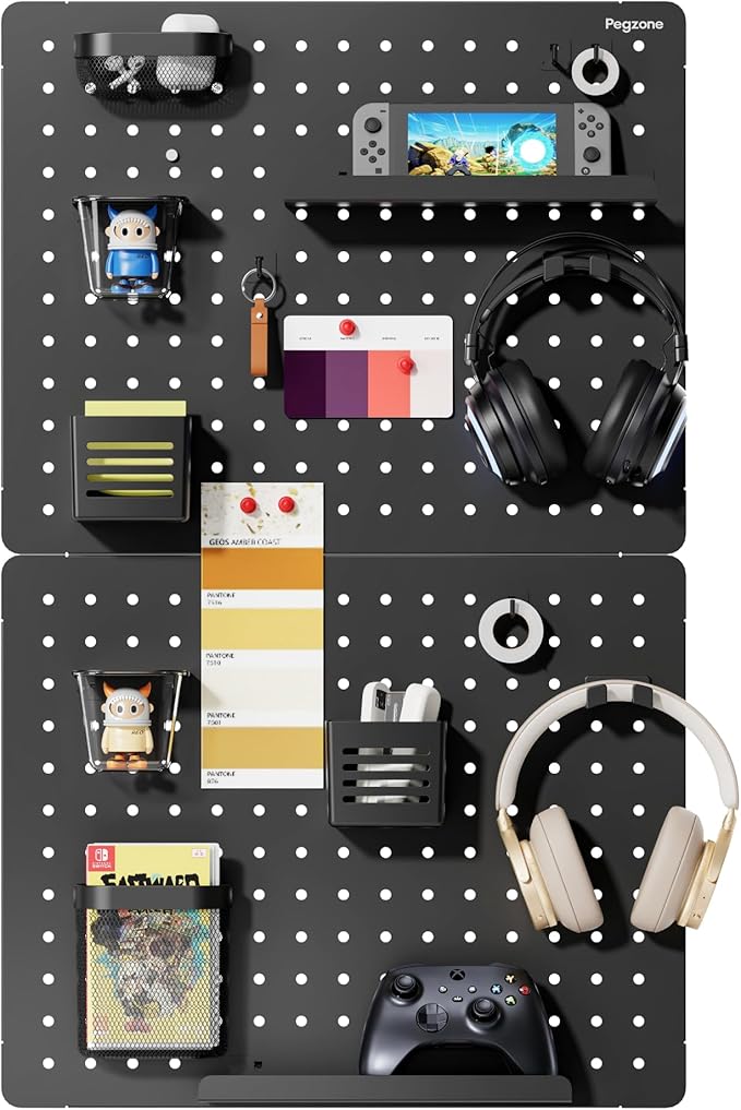 Pegboard Wall Organizer Combination Kit,Overall 33.1"x20.5" Metal Office Pegboard with 19 Accessories, Wall Mounted Peg board Display Panels for Home, Gaming Room, Garage (2Pcs,Black)