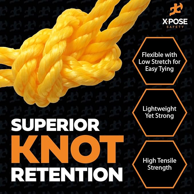 Yellow Twisted Polypropylene Rope, 1/2" Thickness x 600' Length Heavy Duty Poly Ropes for Outdoor and Marine Use, Yellow Rope for Visibility & Safety