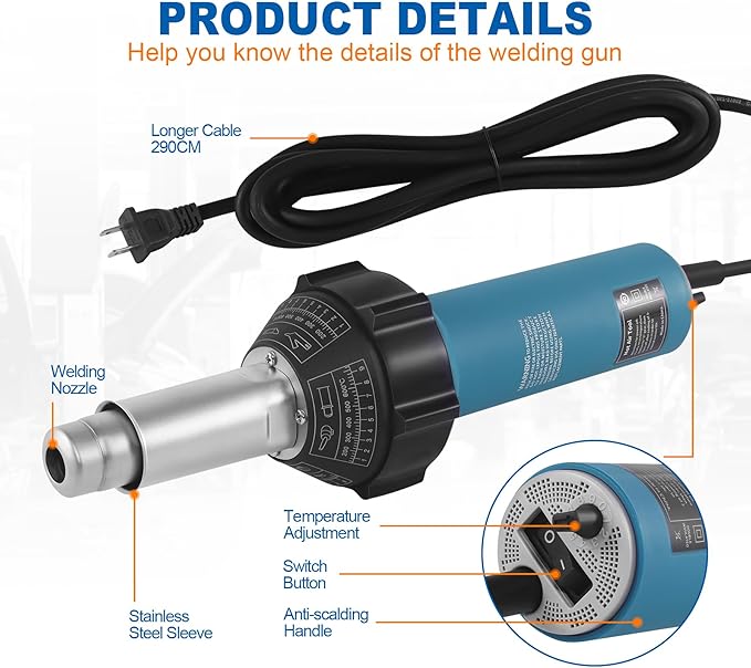 Iglobalbuy 110V 1600W Hot Air Plastic Welding Welder, Handheld Hot Air Vinyl PVC TPO Heating Welding Gun w/Nozzles Adjustable Temperature Roofing Welder Kit