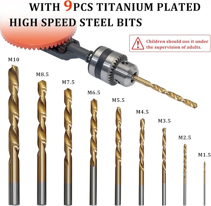 CheeMuii Powerful Speedy Hand Drill 3/8 Inch Manual Drill with 9 Pcs Drill Bit Set Chuck and Key for Wood Plastic Soft Metal