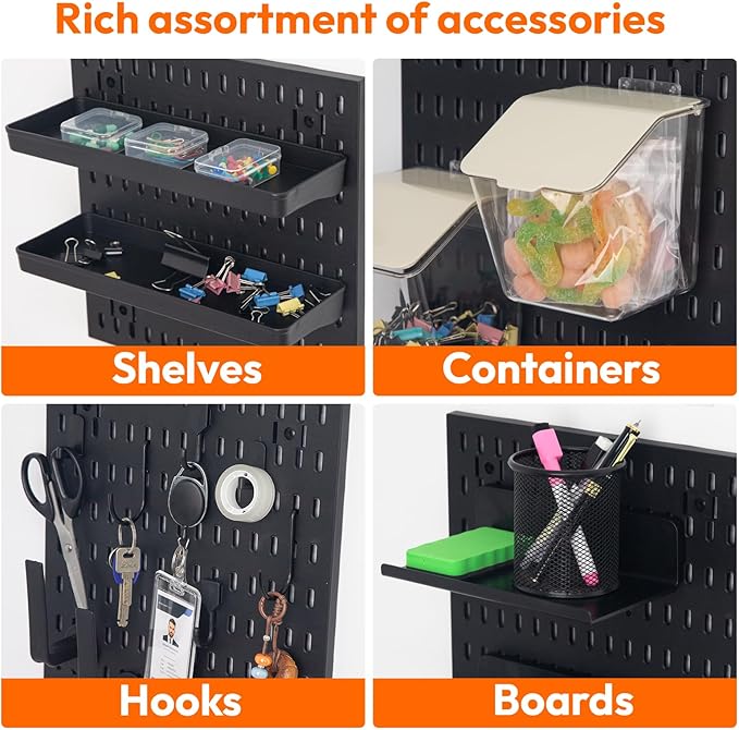 6Pcs Black Peg Board Wall Organizer, Plastic Pegboard Panel, Garage Storage Tool Organizer for Wall, Craft Room, Kitchen, Workshop, Office, Includes Hooks and Bins