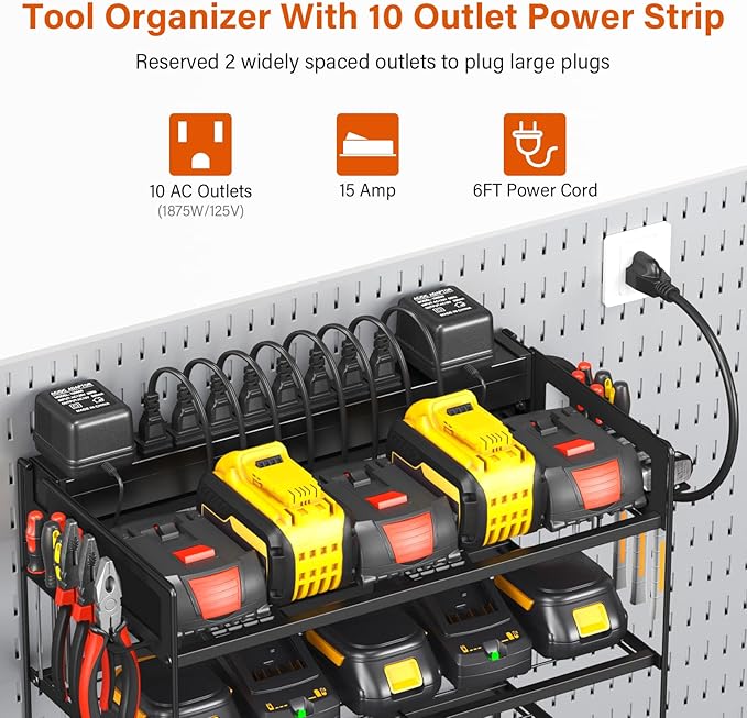JUNNUJ Power Tool Organizer with 10 Outlet Power Strip, 4 Layer Wall Mount Drill Holder with Charging Station, 4 Drills Storage Shelf Shop Garage Utility Rack, Black