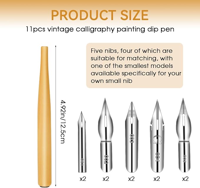 11PCS Comic Pen Nib Set, Oblique Calligraphy Dip Pen Set Fluid Writer Pen - Image 2