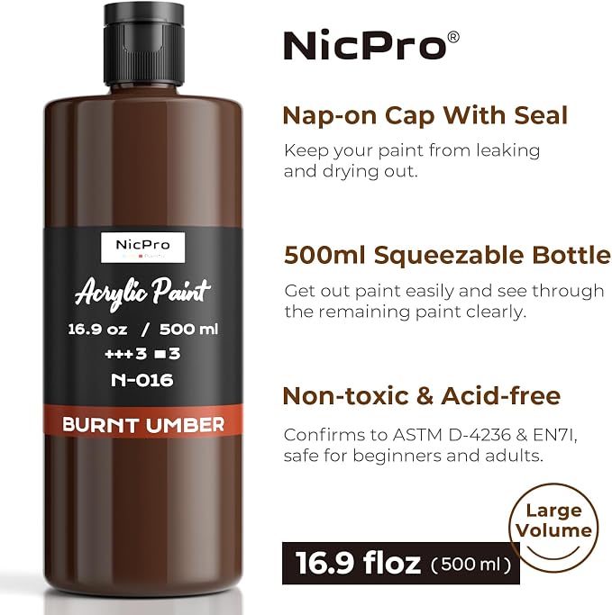 Nicpro Burnt Umber Large Acrylic Paint, Rich Pigments, Non Toxic Craft Paint - Image 2