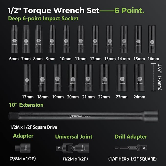 1/2" Drive Click Torque Wrench with Deep Impact Socket (6~24mm),Dual-Range【10-170ft.lb/13.6-230.5Nm】±3% Precision,10" Extension Bar,Universal Joint,Drill Adapter