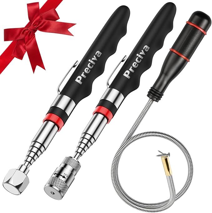 Preciva Telescoping Magnetic Pickup Tool Set - with 16 lb Pick Up Sticks, Telescoping Flexible LED Flashlight, Flexible Magnet Pick Up Sweeper - Fathers Day Christmas Day Gifts for Men