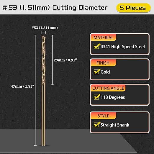 Drill Bit, #53 Cutting Diameter, 4341 HSS Gold Finish 118° Cutting Angle Number Jobber Bits - (Applications: for Drilling Soft Metal Plastic Wood), 5-Pieces