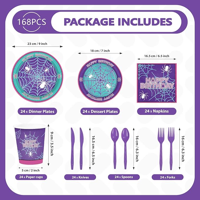 168Pcs Purple Spider Birthday Party Decorations - Image 3