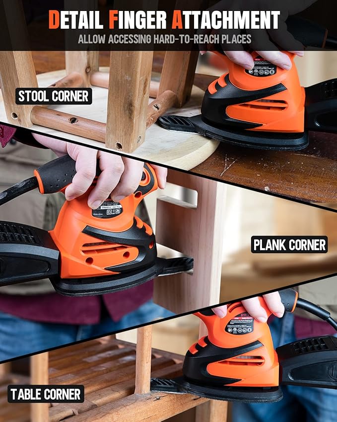 Detail Sander, 1.5A 15000 OPM Electric Sander with 24pcs Sandpapers, Efficient Dust Collection System & Detail Finger Attachment, Soft Grip Handle, Compact Hand Sander for Woodworking