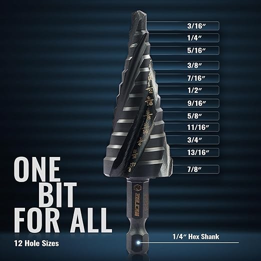 ZELCAN 12 Sizes Step Drill Bit, Four Spiral Flute Step Bit for Metal, Titanium-Coated HSS 3/16" to 7/8" Step Drill Bit with 1/4" Hex Shank for Stainless Steel Aluminum Copper Wood Plastic