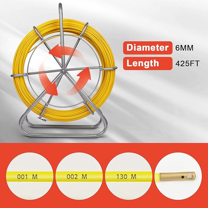 425FT Fish Tape Fiberglass 1/4 inch(6MM) Fishing Wire Puller Duct Rodder Cable Running Electrical Fishtape Tool Rod with Steel Reel Stand through Wall Pipe Length Marking In Meter