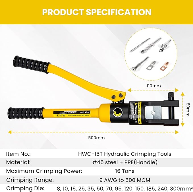 16 Tons Hydraulic Wire Crimping Tool Battery Cable Lug Terminal Crimper With 13 Pairs of Dies, 9AWG to 600MCM Crimping Tool