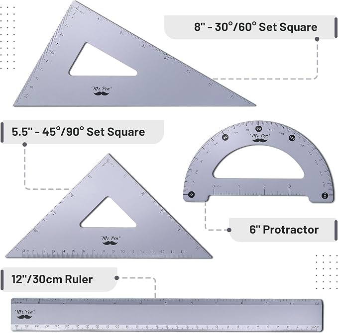 Mr. Pen- Metal Geometry Kit, 4 Pack, 45° & 30°/60° Set Squares | 6" Protractor - Image 2