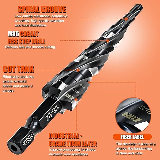 Four Spiral Flute Step Drill Bit for Metal,M35 Cobalt Unibit Step Drill Bit Set 1/8"-1/2"(13 Sizes),Wear-Resistant AlTiN Coated,1/4" Hex Shank for Metal, Stainless Steel, Aluminum, Plastic