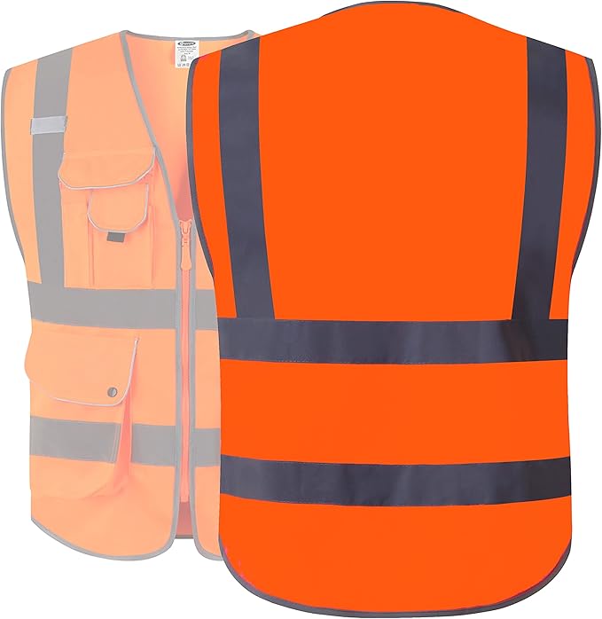 JKSafety 9 Pockets Class 2 High Visibility Zipper Front Safety Vest With Reflective Strips, Meets ANSI/ISEA Standards (150-Orange, XXL)