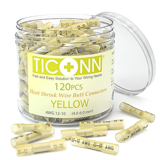 TICONN Yellow 120PCS Heat Shrink Butt Wire Connector Kit, Insulated Waterproof Electrical Wire Crimp Terminals Butt Splice for Marine Automotive (Yellow 120PCS)