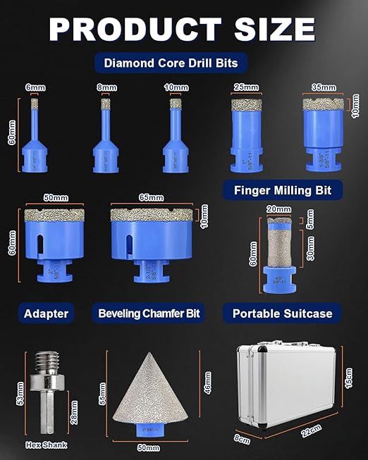 Diamond Tile Hole Saw Kit - 10Pcs 1/4'', 5/16'', 3/8'', 1'', 1-3/8'', 2'', 2-1/2'' Drill Bits, 4/5'' Drilling Milling Bit, 2'' Beveling Chamfer Bit, Adapter for Porcelain Tile Ceramic Granite Marble