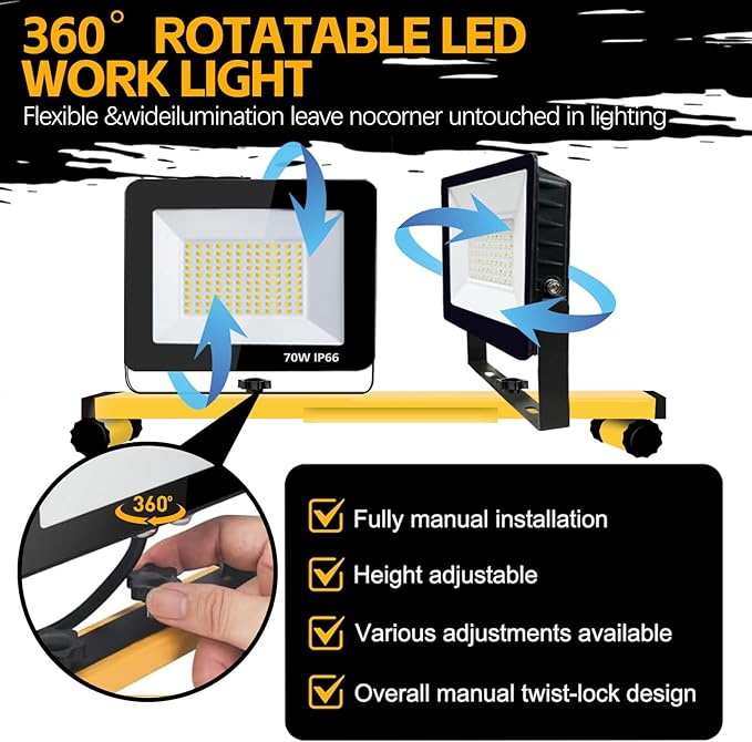 Work Lights with Stand, 21000 Lumen, 2 Adjustable Heads LED Work Lights, with Adjustable and Foldable Tripod Stand, Waterproof Lamp with Individual Switch with 6500 Kelvin Color Temperature (2-Heads)