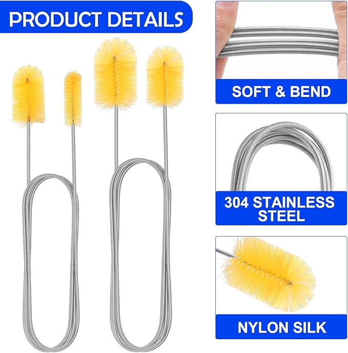 6pcs Flexible Drain Brush 78 Inch Pipe Cleaning Brush 63 Inch Drain Cleaner Brush 59 Inch Hose Brush and 3 Pcs 9 Inch Straw Cleaner Brush for Straws Kitchen Sink Plumbing Shower Drain Tube (Yellow)