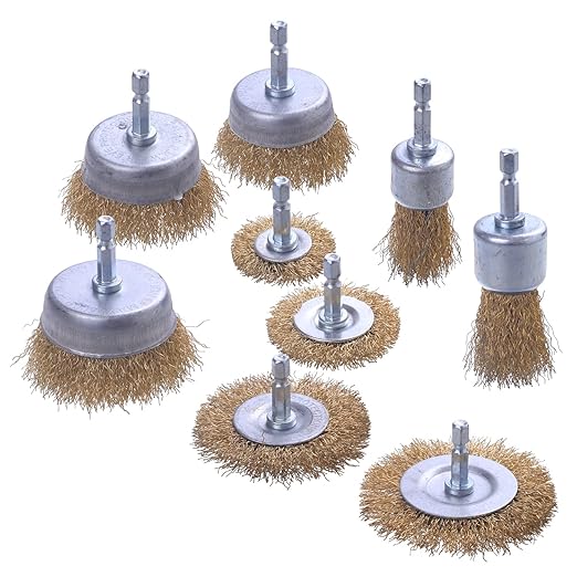 Wire Brush for Drill, 9 Pcs Brass Wire Wheel Brush for Drill, 1/4 Inch Hex Shank, Drill Wire Brush for Cleaning Rust, Stripping