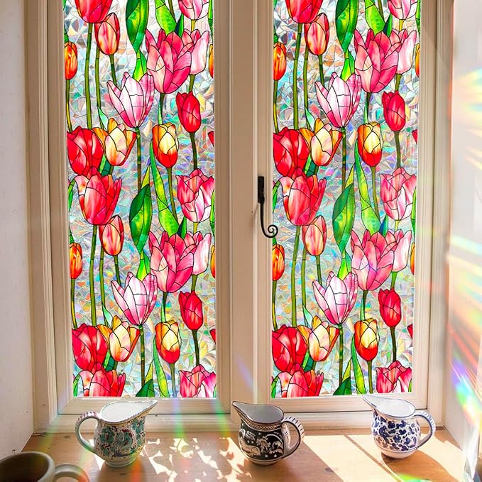 JOONOR Retro Tulip Flowers Window Privacy Film, Stained Glass Decals Colorful - Image 3