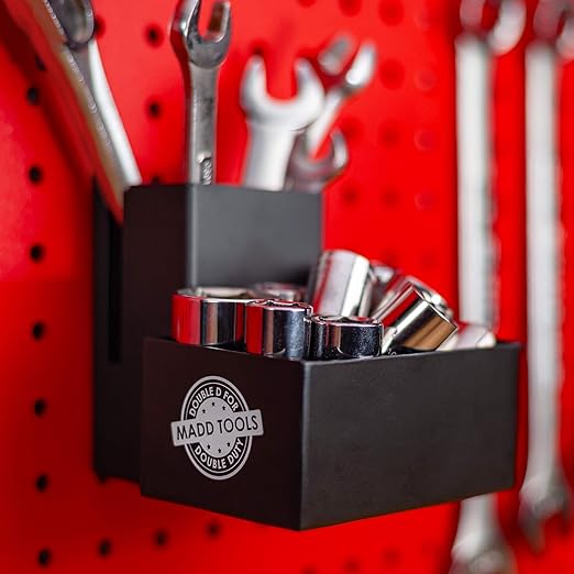 Tape Measure Holder for Pegboard - Includes Pencil Box and Carpenter Square Triangle Holder – Black Pegboard Organizer Accessories with Heavy Duty Peg Board Hooks - 16 Gauge Steel