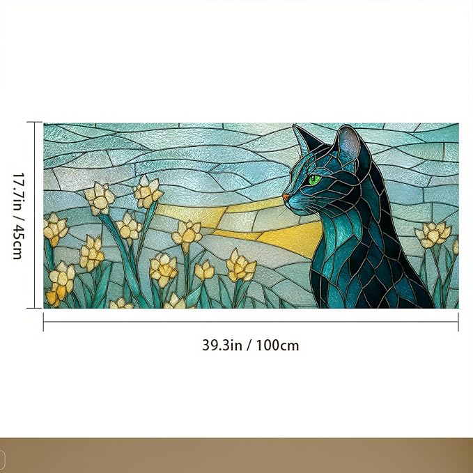 IVN Stained Glass Window Film 39.3x17.7 inch Cat and Daffodils Window Privacy - Image 3