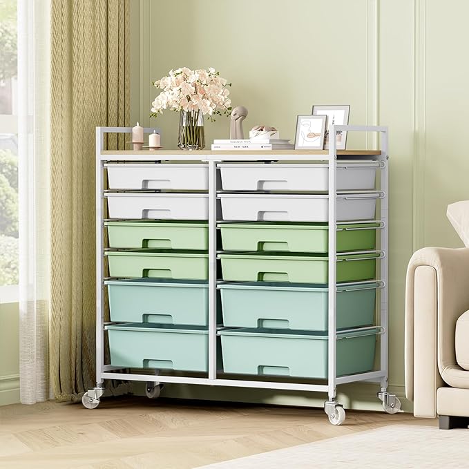 Rolling Storage Cart with 12 Drawers, Wooden Tabletop Utility Cart - Image 2