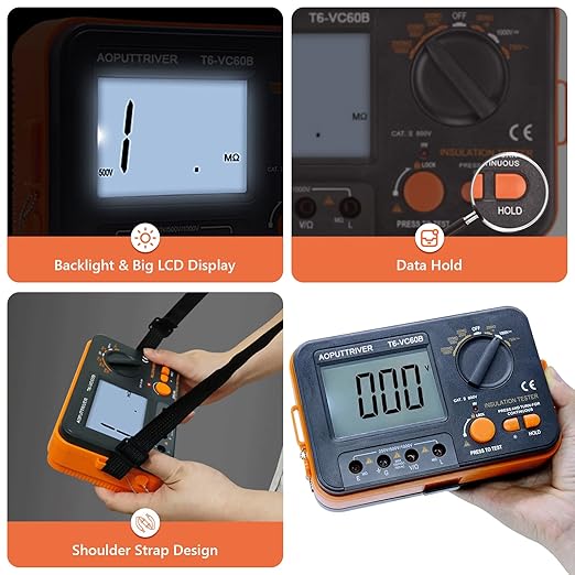 Megohmmeter 1000V Insulation Resistance Tester, 1999 Counts Megaohm Meter Big LCD Display DCV ACV Megohm Meter DC250/500/1000V, 200MΩ~2000MΩ Resistance Testing with Data Hold Backlit for Motor Cables