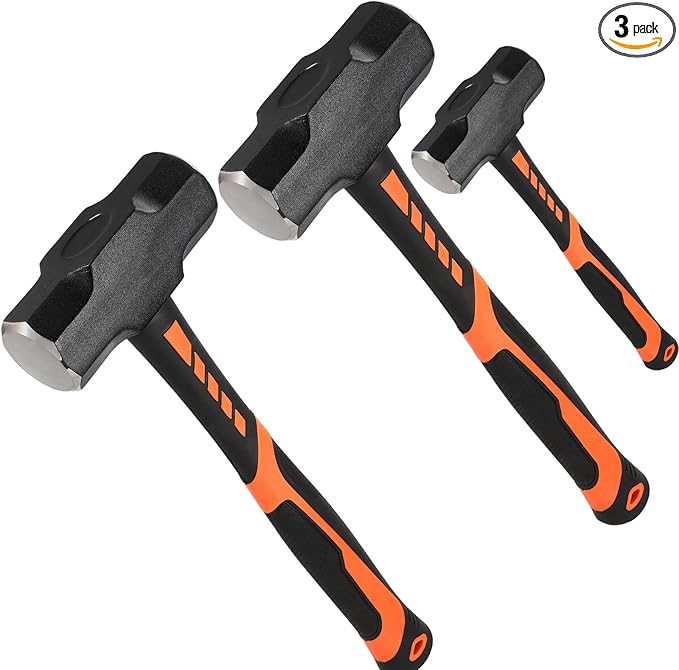 3 PCS 2lb 3lb 4lb Sledge Hammer, Heavy Duty Crack Hammer with Forged Steel Head and Shock Reduction Fiberglass Handle, Club Hammer for Demolition Work