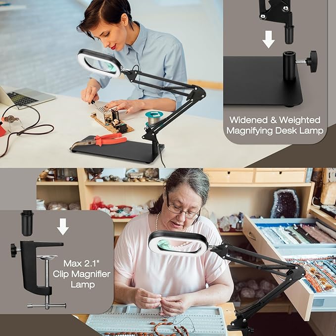 10X Square Magnifying Glass with Light and Stand, Real Glass Lighted Magnifier Hands Free, 5 Color Modes, Brightness Stepless Dimming, 2-in-1 Desk Lamp with Clamp for Close Work, Craft, Hobby, Reading