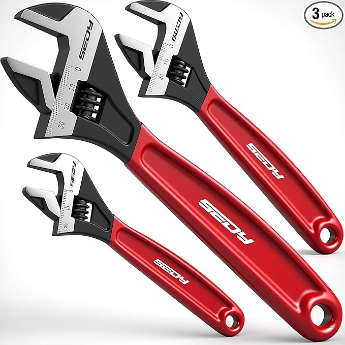 Adjustable Wrench Set Pipe Spanner: 6" 8" 10" Wide Jaw Black Oxide Wrench With Cushion Grip, Laser Marked Metric & SAE Scales, CR-V Steel for Professional