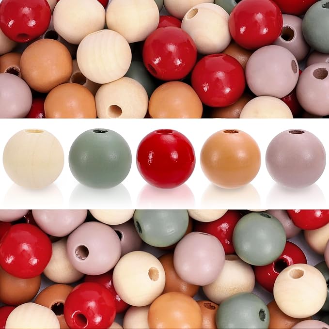 Whaline 240Pcs Christmas Wooden Beads Vintage Red Green Beige Round Loose Bead by Whaline