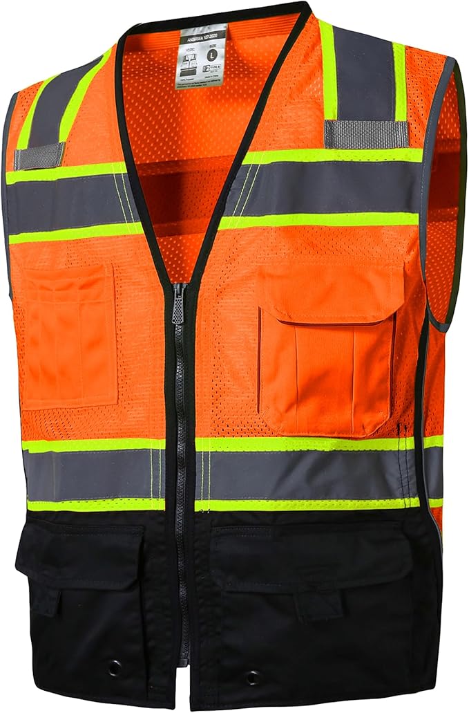SKSAFETY 10 Pockets Professional level Safety Vest, Class 2 High Visibility Security Vest with Zipper, Hi Vis Vest with Reflective Strips, ANSI/ISEA Standard, Construction Work Vest（Orange Black, 3XL）