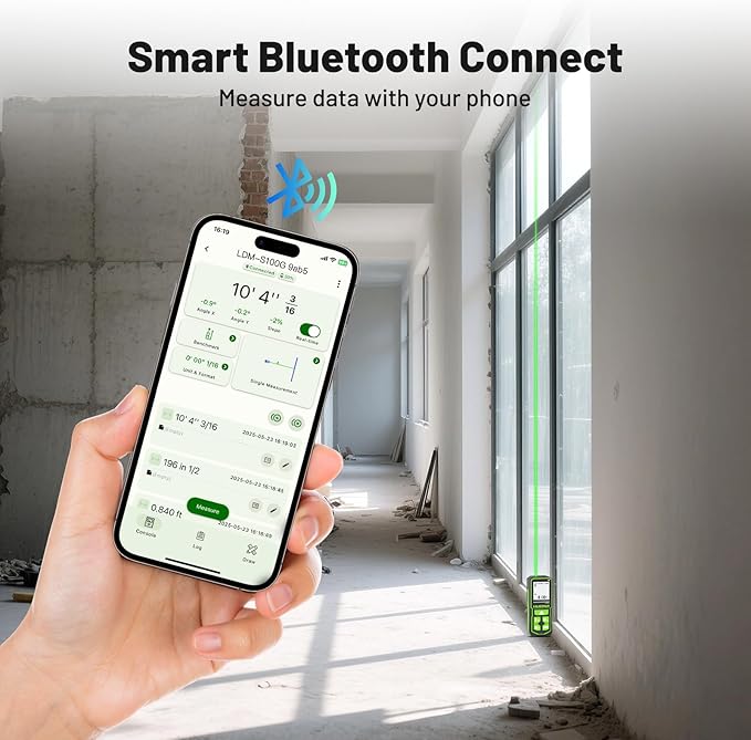 Huepar 330Ft Green Laser Measurement Tool with APP Control, Rechargeable Bluetooth Distance Meter ±1/16" High Accuracy, Angle Sensor, Multiple Modes, IP54 Waterproof Durable for Home & Construction