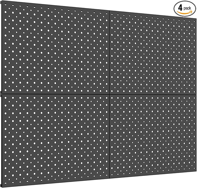 TORACK 4Pcs 12"x16" Metal Pegboard Panels for Garage, Workbench, Shop, Shed Tool Organizer Peg Board with 1/8" & 1/4" Holes, Modular Wall-Mounted Pegboard for Pegboard Hooks (Black)