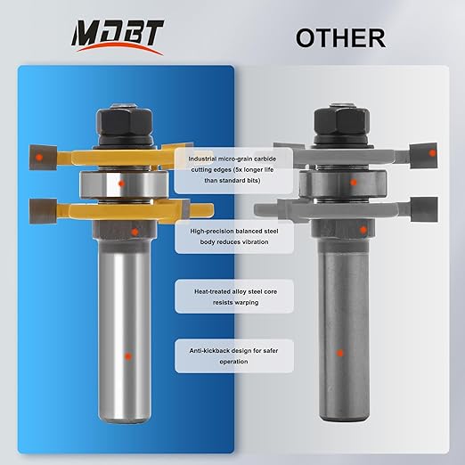 3 Edge T Joint Router Bit, Lock Miter Woodworking Bit for Cabinet, Rabbeting & Tongue & Groove (Router Bit-1/2 Inch -3 Edged T-Shaped)