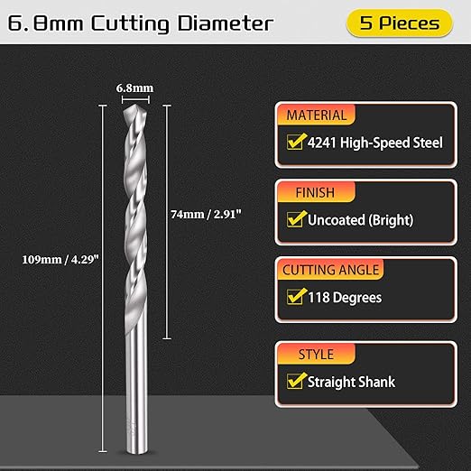 Drill Bit, 6.8mm Cutting Diameter, 4241 HSS 118° Cutting Angle Uncoated Bright Versatile Jobber Bits - (Applications: for Drilling Plastic Wood Soft Metal), 5-Pieces